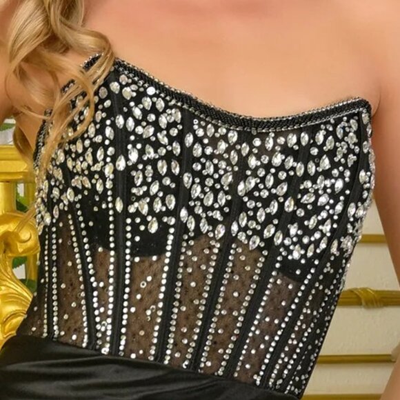 New Sheath Strapless Soft Satin Gown w/ Rhinestones Embroidery & Leg Slit GL3679 - Picture 6 of 10